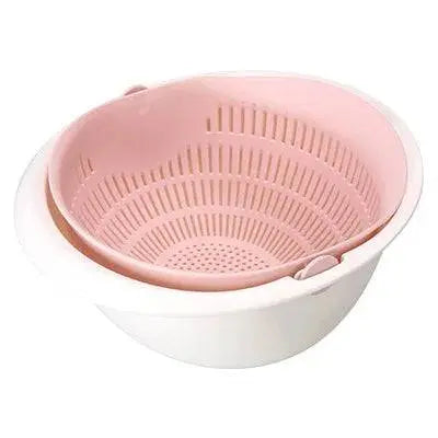 Rotatable Double Drain Basket - Efficient Kitchen Tool in pink and white, perfect for washing and draining kitchen produce.