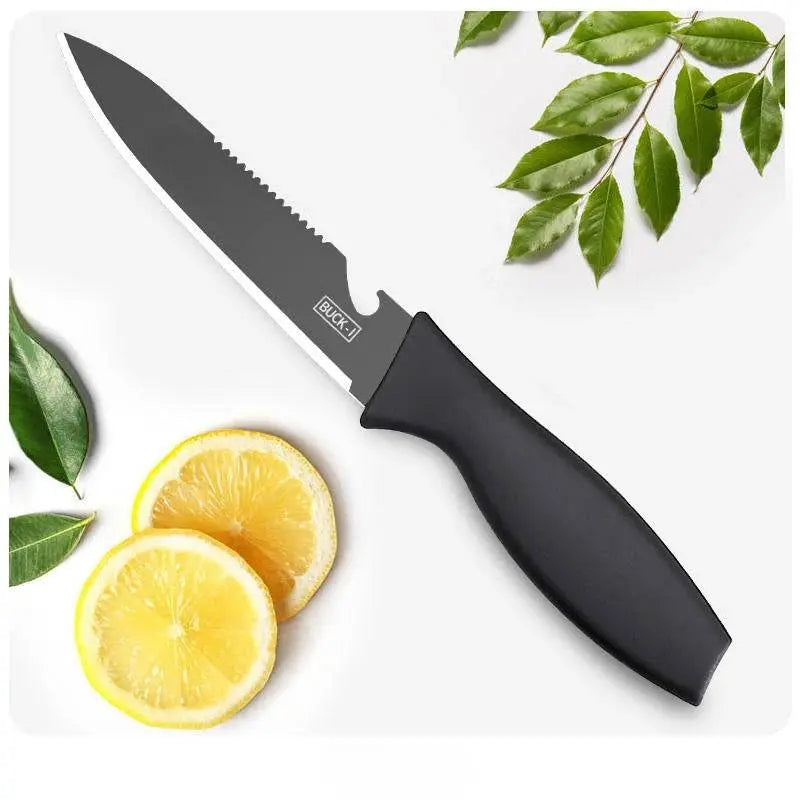 Razor-sharp knife from the 8 Pieces Knife Set - 8 Piece Knife Set | Razor-Sharp Knives Combo, featuring a black handle and serrated blade beside lemon slices.