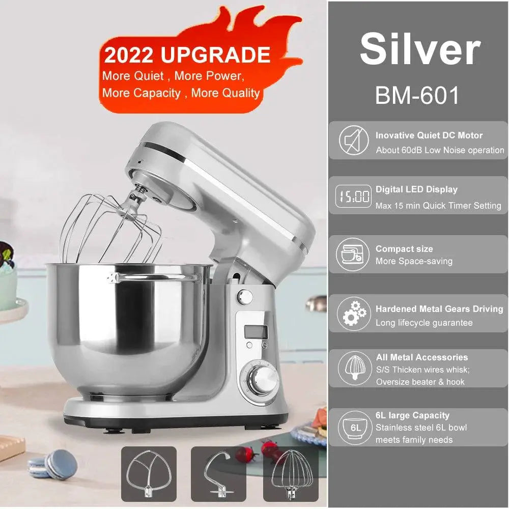 BioloMix Food Stand Mixer - BioloMix Stand Mixer | 1200W, 6-Speed, Quiet Motor in silver with hardened metal gears and stainless steel bowl.