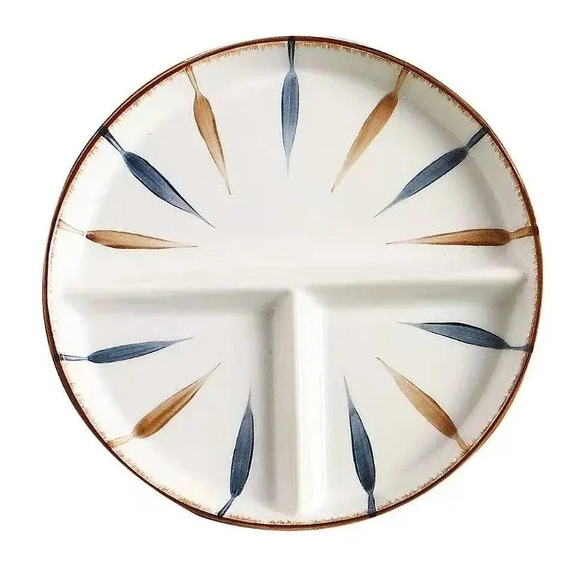 Ceramic Dinner Plate - Japanese Design | Portion Control with brown and blue leaf accents, featuring three sections for organized meal servings.