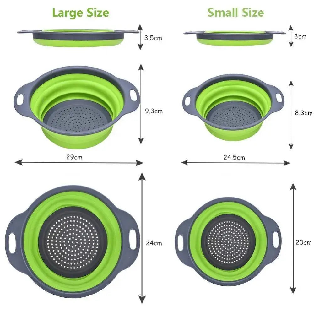 Round Folding Colander size chart showing large and small dimensions, emphasizing its compact foldable design for kitchen storage.