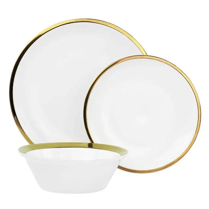 Premier Gold Ceramic Dinnerware Set - Elegant Dining | 12-Piece displaying a close-up of three pieces: dinner plate, salad plate, and bowl with gold trim.