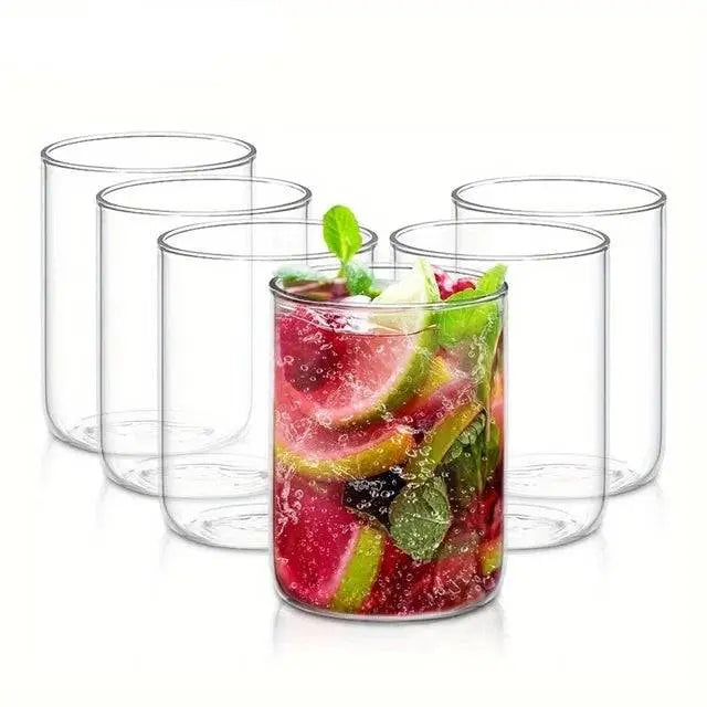 BPA-Free Borosilicate Glasses Set - Durable, Stylish showcasing short glasses with colorful fruit-infused sparkling drinks, perfect for stylish gatherings.