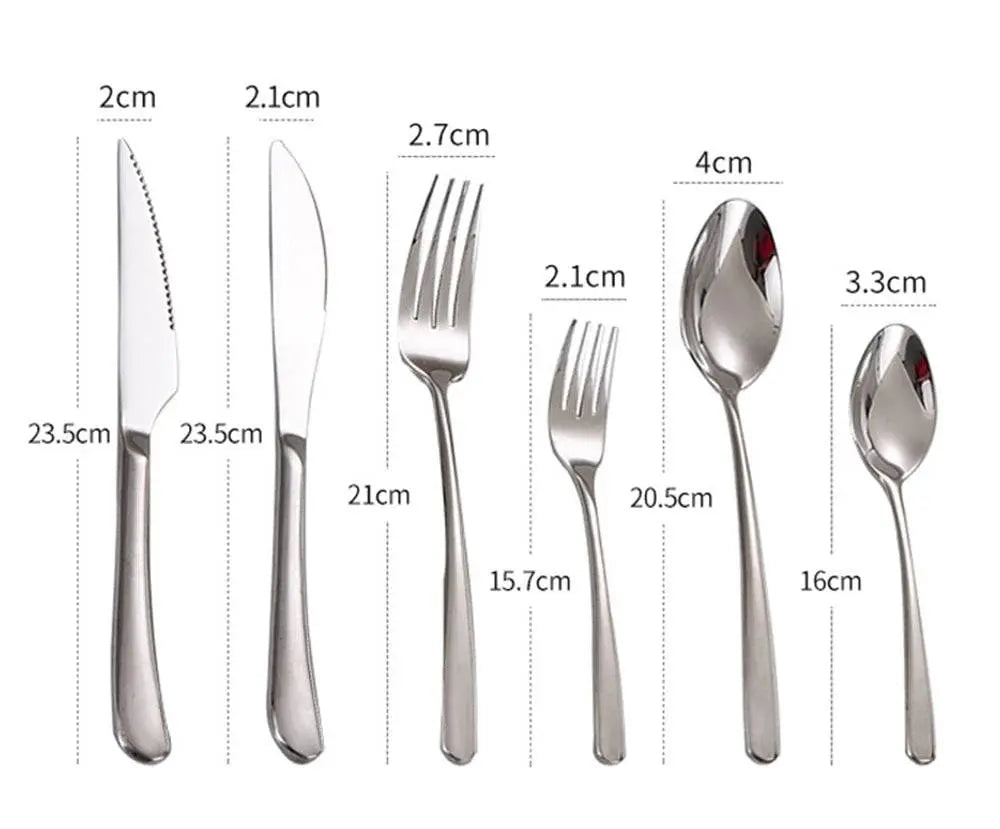Size chart of the 304 Stainless Steel Dinnerware Set - Timeless Dining, displaying measurements for knives, forks, and spoons.