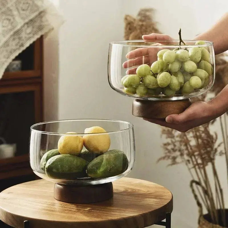Acacia Wood Fruit Plate - Japanese Style holding green grapes and citrus fruits, ideal for stylish centerpiece and storage use.