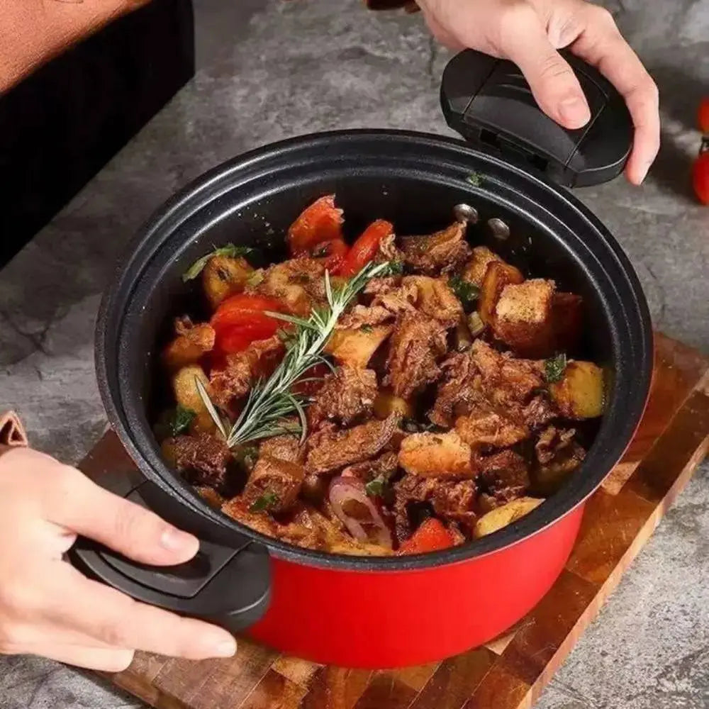 Open 3.5L Pressure Cooker filled with stewed meat and vegetables, non-stick surface for effortless cooking and cleaning.