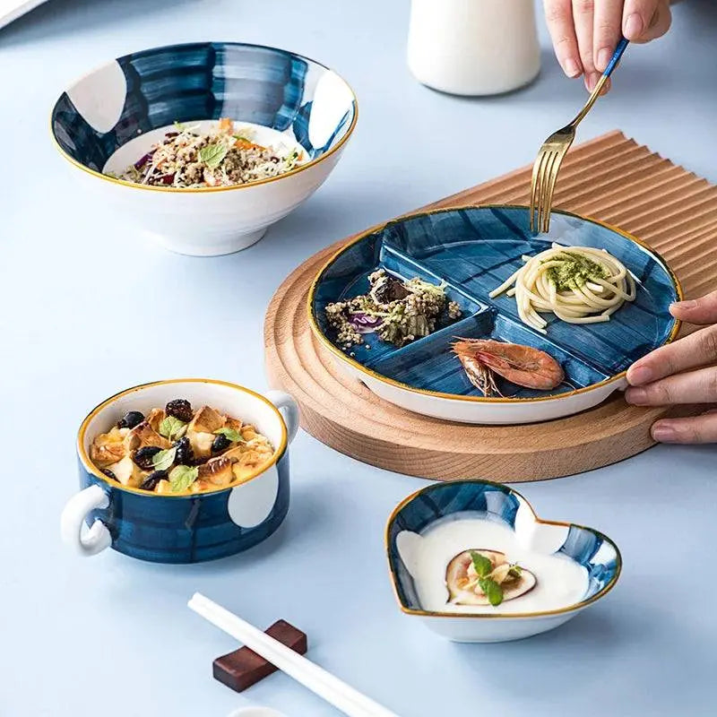 Ceramic Dinner Plate - Japanese Design | Portion Control featuring a blue grid pattern with assorted dishes, ideal for stylish healthy meals.