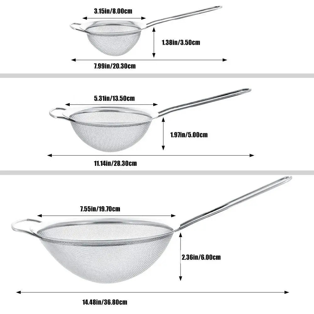 Size chart of Stainless Steel Strainer Set showing three different sizes with measurements, ideal for versatile kitchen straining tasks.