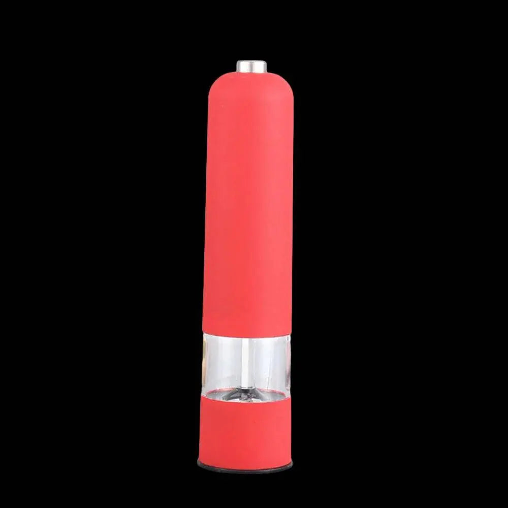 Electric Grinder for Salt & Pepper in vibrant red color with round top design, offering stylish kitchen accessory with adjustable coarseness.