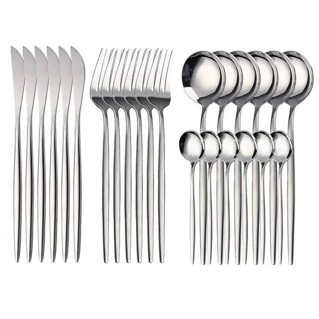Complete 24-piece stainless steel cutlery set in silver finish, showcasing knives, forks, and spoons for holiday tables.
