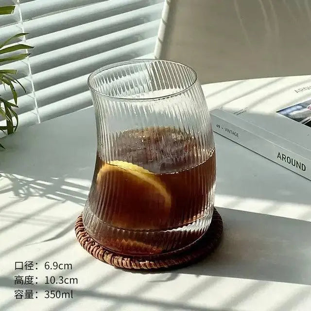 Transparent Glass Cup - Stylish Design | Microwave Safe, ribbed short glass with iced tea and lemon slice, 350ml capacity, dishwasher safe.