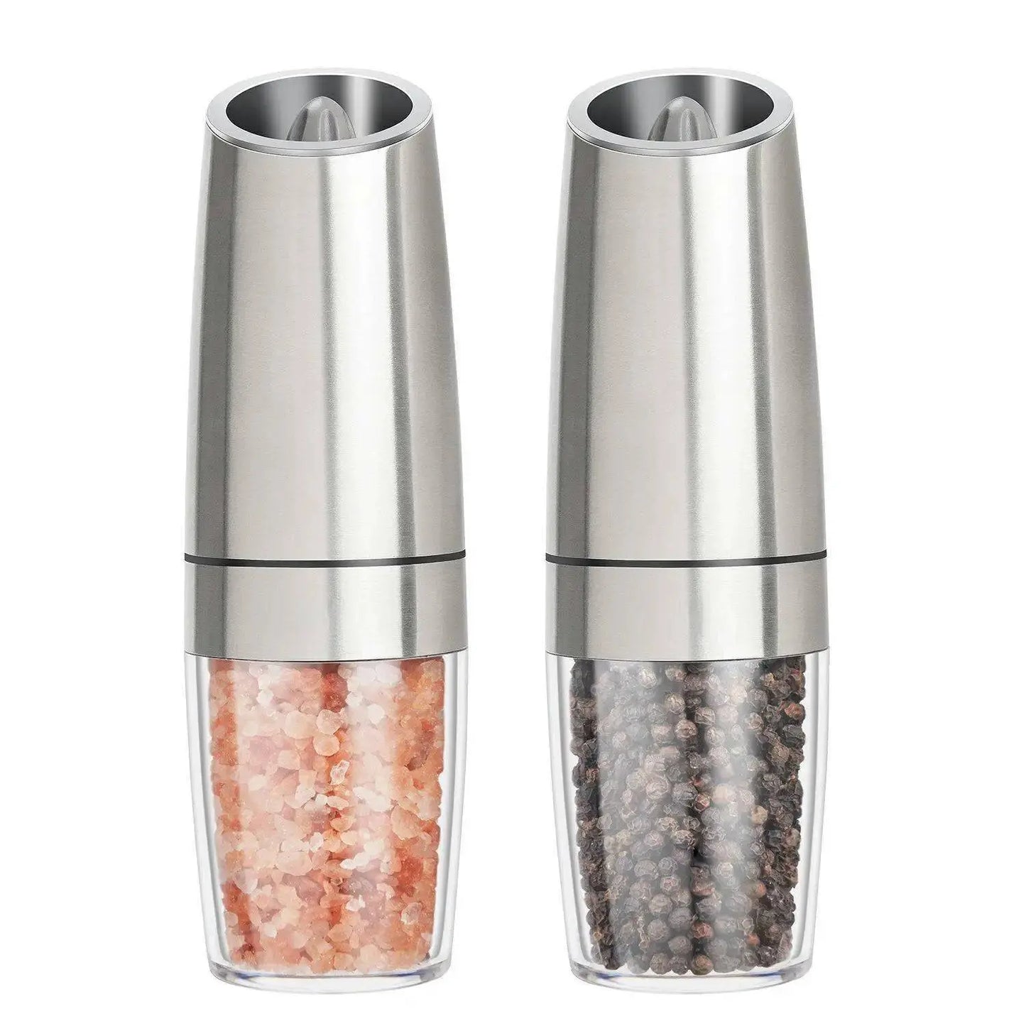 Set of two Automatic Pepper Grinder - Electric Grinders in stainless steel finish, filled with pink Himalayan salt and black peppercorns.