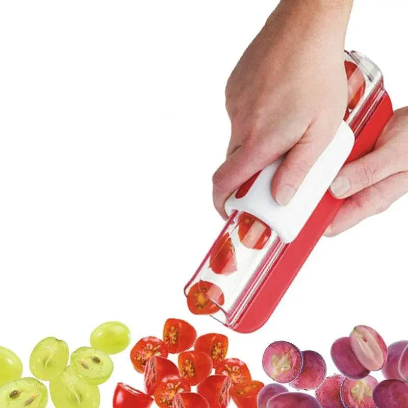 Hand pressing Handy Grape Cutter - Grape Cutter Tool | Safe Fruit Slicer to slice grapes and tomatoes quickly and evenly.