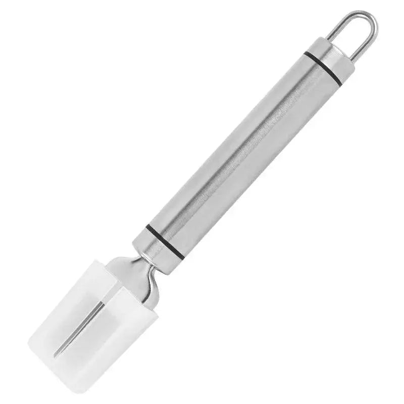 Stainless Steel Onion Cutter - Precision Grater | Quick Meal Prep tool with cylindrical stainless steel handle and protective blade cover.