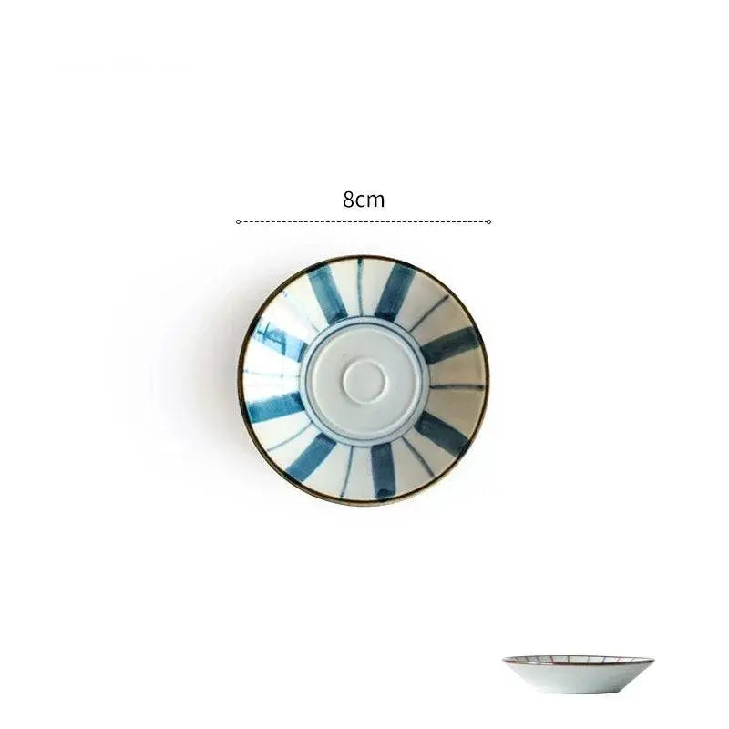 Ceramic Sauce Dish - Japanese Style with blue striped pattern, 8cm wide, ideal for sauces, gravies, and enhancing dining aesthetics.