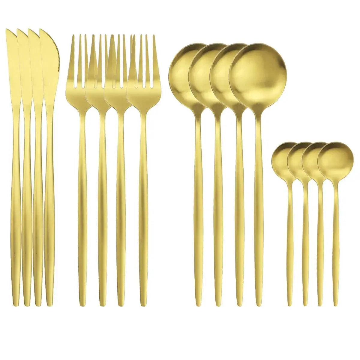 Full 16 Pieces Dinnerware Set in matte gold stainless steel, featuring knives, forks, dinner spoons, and tea spoons for elegant dining.