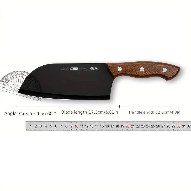 Ladies Cutting Knife - Kitchen Essential with black blade and wooden handle, detailed with blade and handle measurements for buyers.