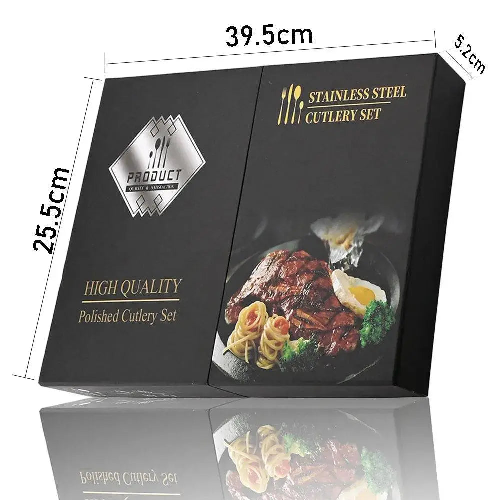 24 Pcs Black Handle Golden Cutlery Set packaging box featuring high-quality polished stainless steel utensils with dimensions 39.5cm x 25.5cm x 5.2cm.