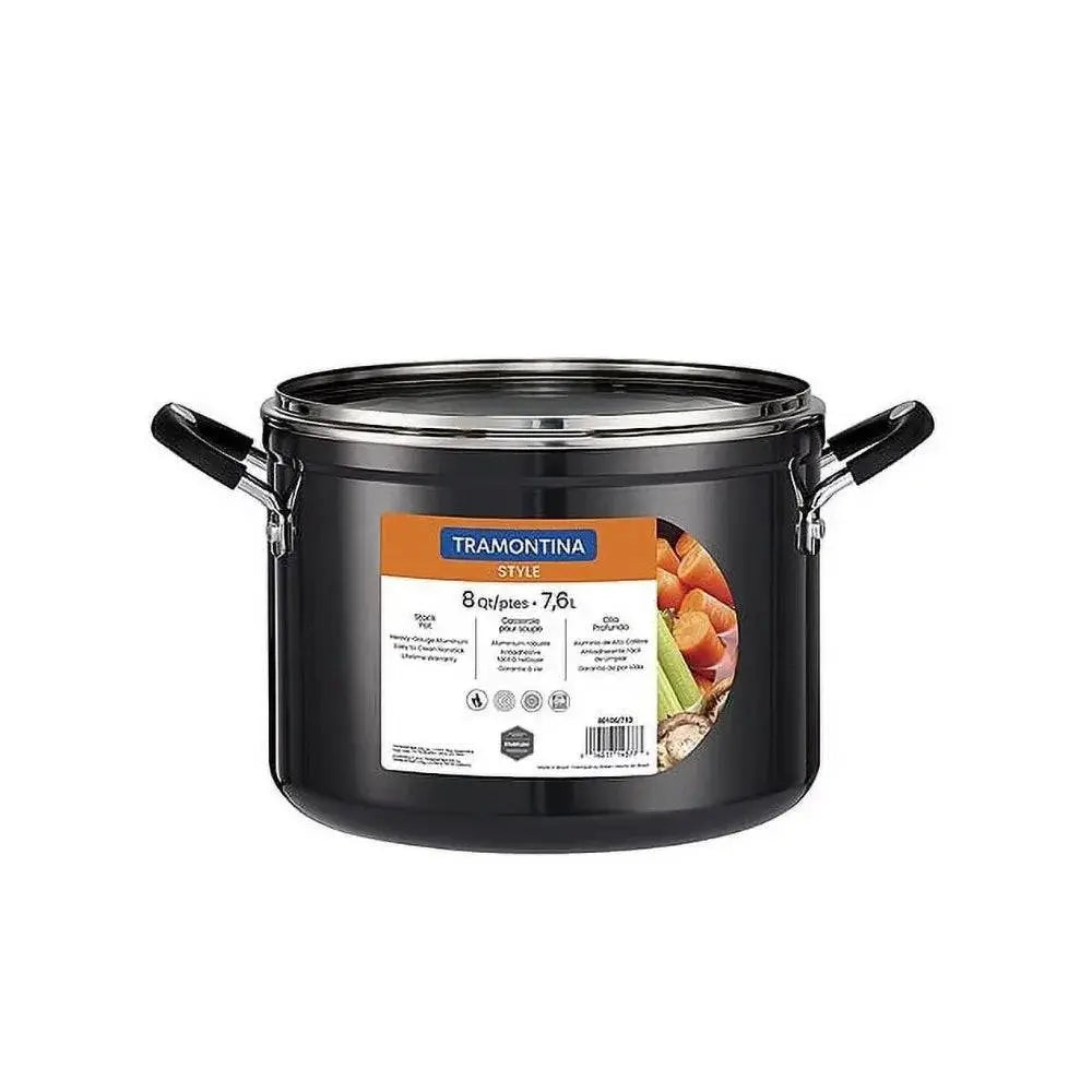 Tramontina 8 Qt Non-Stick Stock Pot with product label, highlighting its features like non-stick coating and 8-quart capacity.