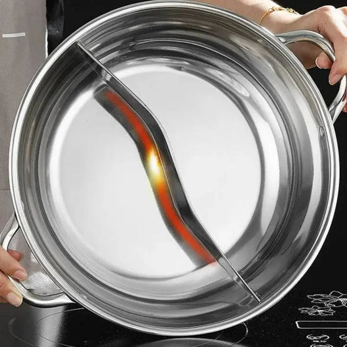 Chinese Hot Pot - Stainless Steel 2-in-1 Cooker empty, showcasing the durable divided interior perfect for cooking two flavors simultaneously.