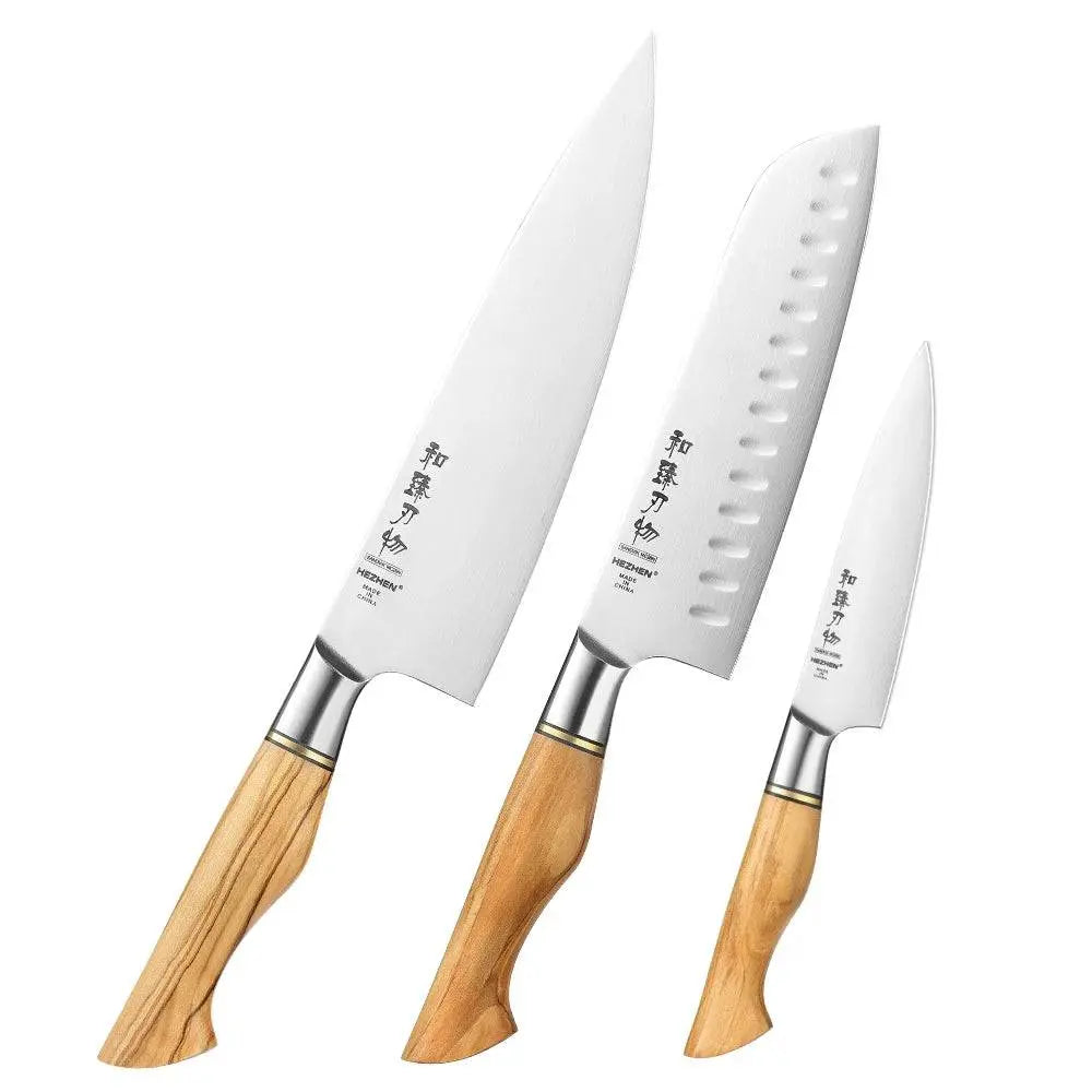 HEZHEN Knife Set - Sandvik Steel Knife Set with chef, Santoku, and paring knives, premium olive wood handles, Buy 2 Get 1 Free deal.
