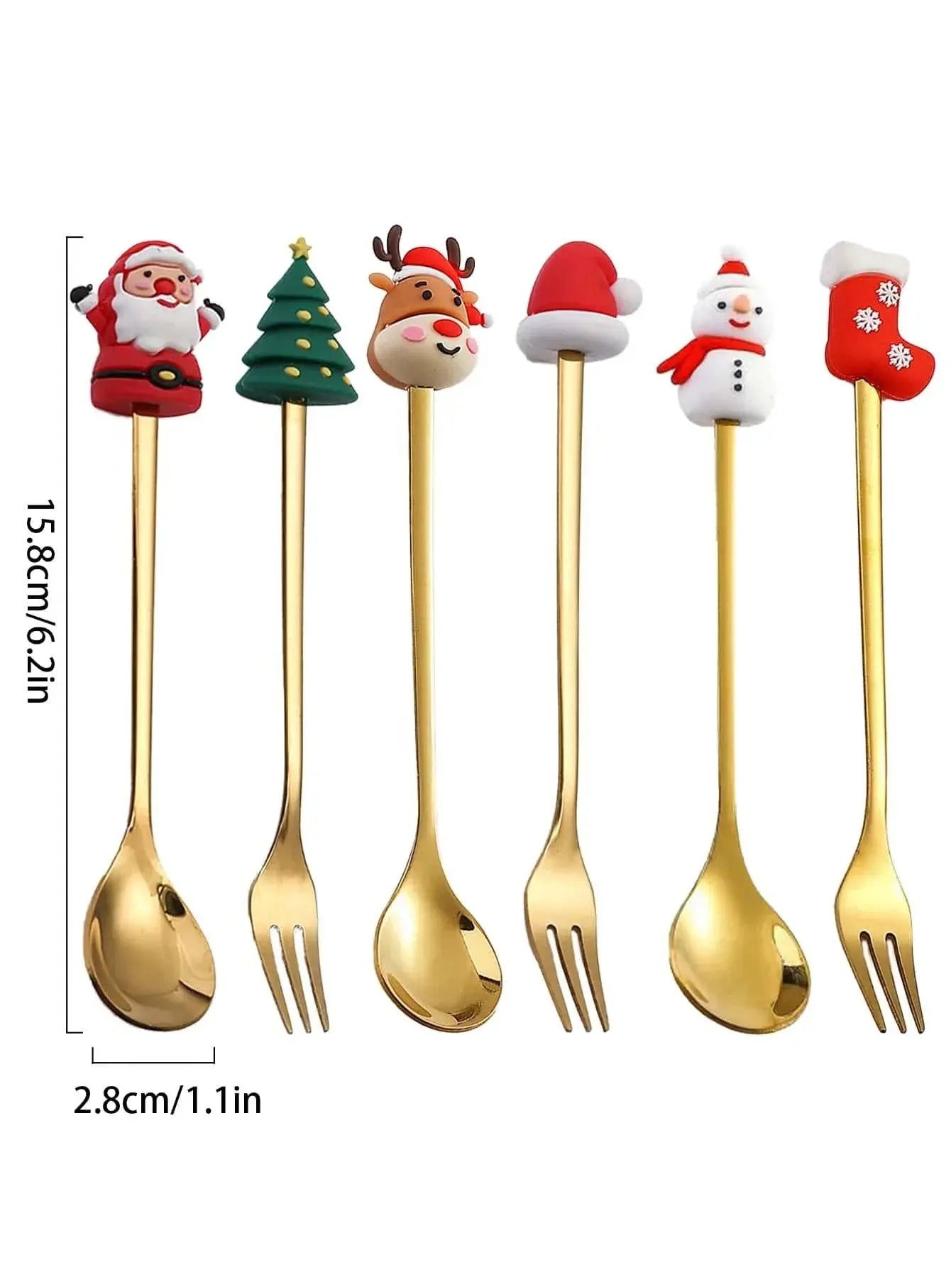 Christmas Coffee Spoons Set | Stainless Gift Set showing detailed measurements of gold utensils with festive Christmas toppers.
