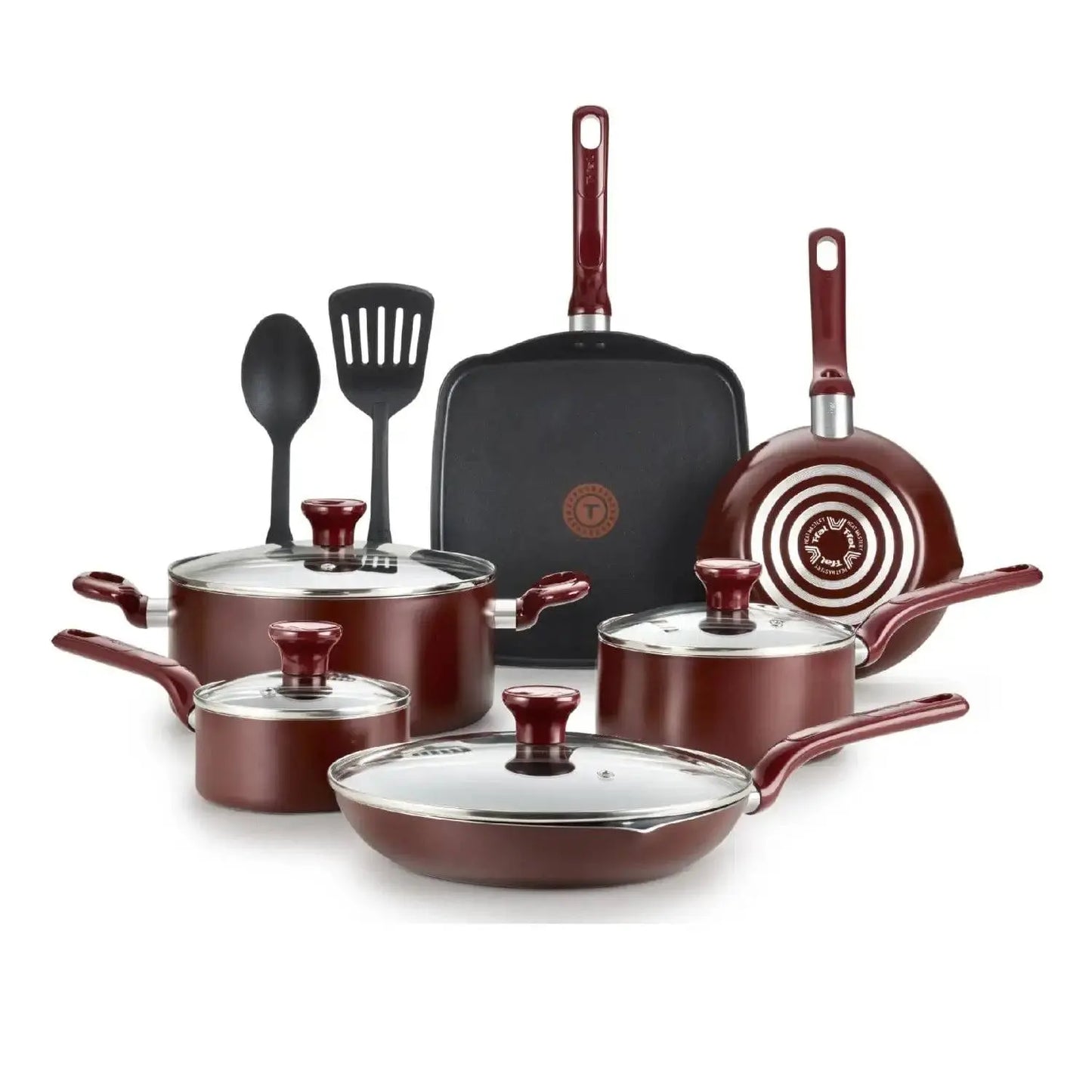 Easy Care Cookware Set - 12 Piece Non-Stick | Durable red cookware set with utensils, including frypans, saucepans, and a griddle for everyday kitchen use.
