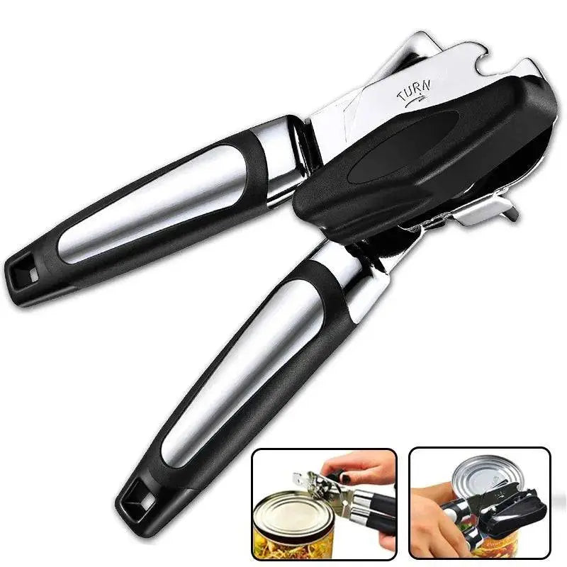 Professional Tin Manual Can Opener - Manual Can Opener | Ergonomic, Durable, Multifunctional with inset images demonstrating easy can opening functionality.