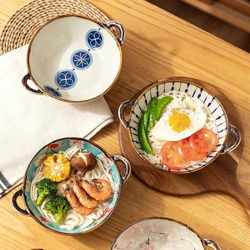 7.5-inch Japanese Noodle Bowl - Ceramic Masterpiece with assorted floral and striped designs, perfect for soups, salads, and pasta dishes.