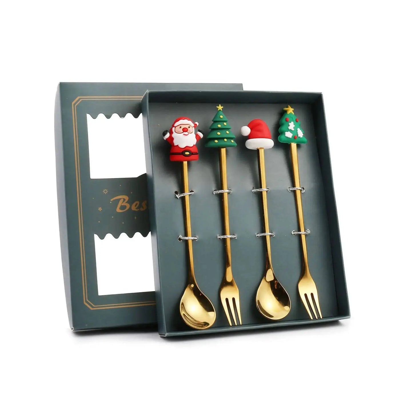 Christmas Coffee Spoons Set | Stainless Gift Set with four gold utensils and festive toppers in a sleek green gift box.