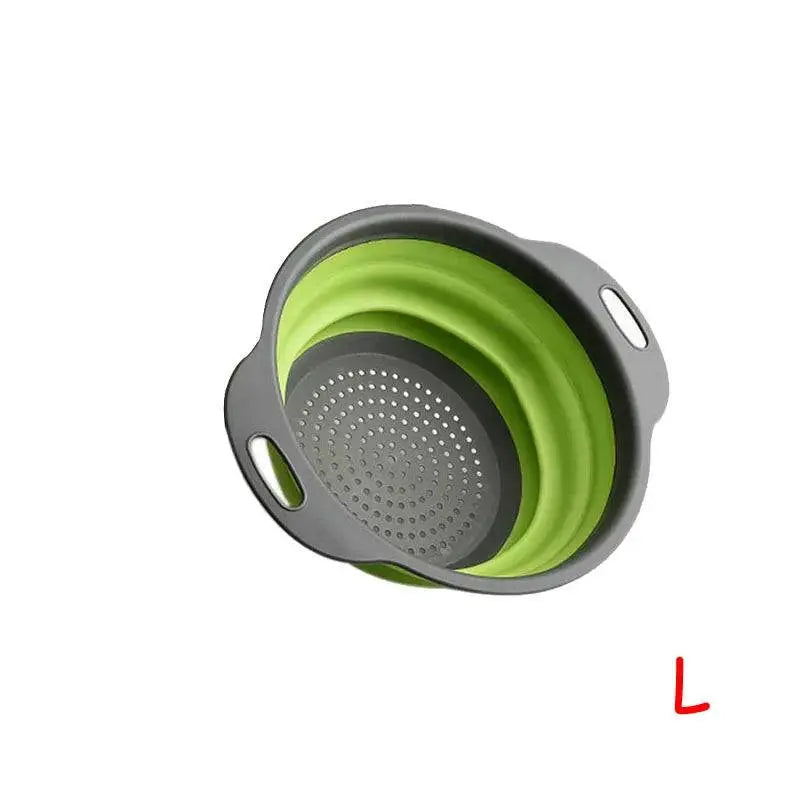 Large green Round Folding Colander with gray handles, featuring a foldable, heat-resistant design for easy kitchen storage.