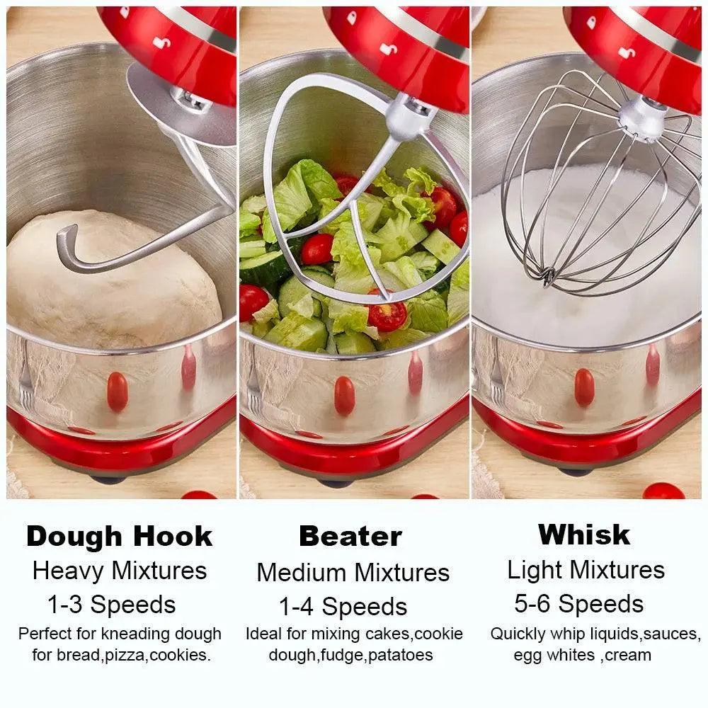 BioloMix Food Stand Mixer - BioloMix Stand Mixer | 1200W, 6-Speed, Quiet Motor showing dough hook, beater, and whisk for versatile kitchen use.