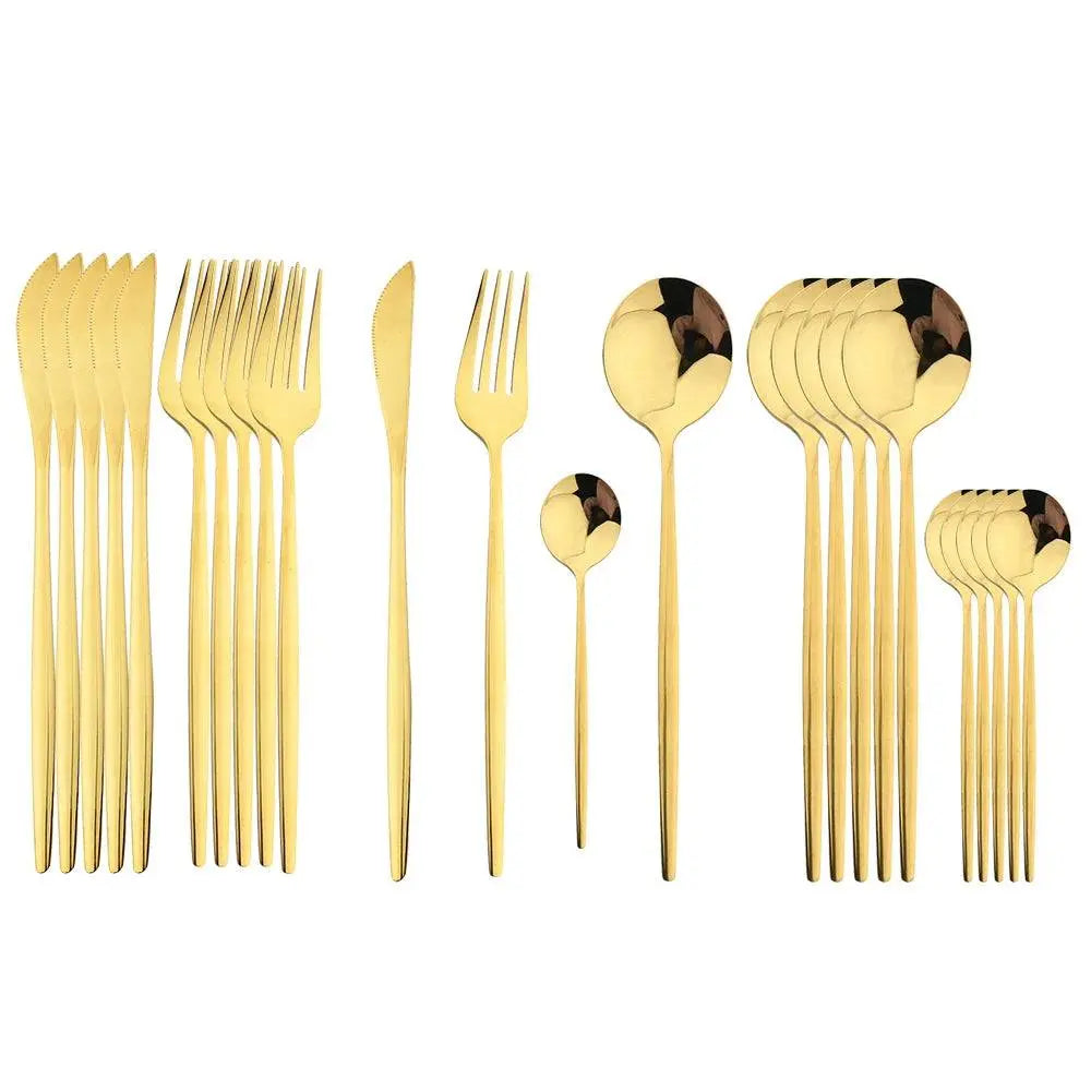 24 Pcs Black Handle Golden Cutlery Set featuring elegant gold stainless steel knives, forks, and spoons, perfect for upscale dining experiences.