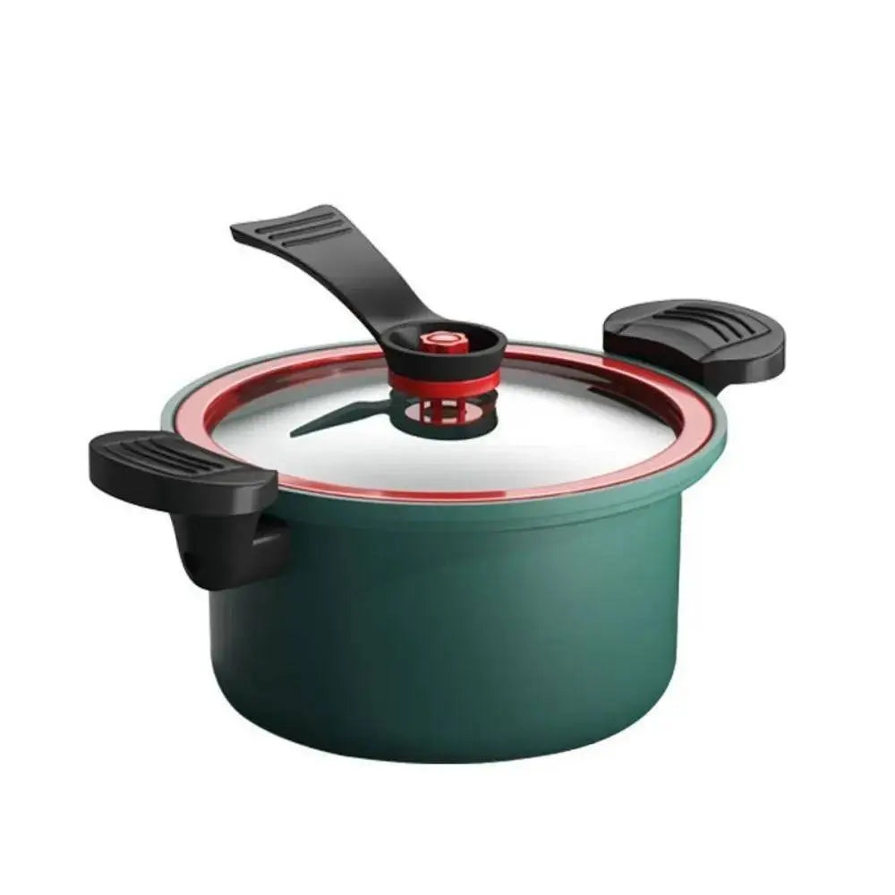 Green 3.5L Pressure Cooker with secure lid and ergonomic handles, multifunctional non-stick pot for induction and gas stove cooking.