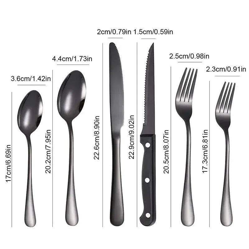 24 Pieces Stainless Steel Cutlery Set | Durable Dining Elegance detailed size chart for spoons, forks, and knives, highlighting dimensions in inches and cm.