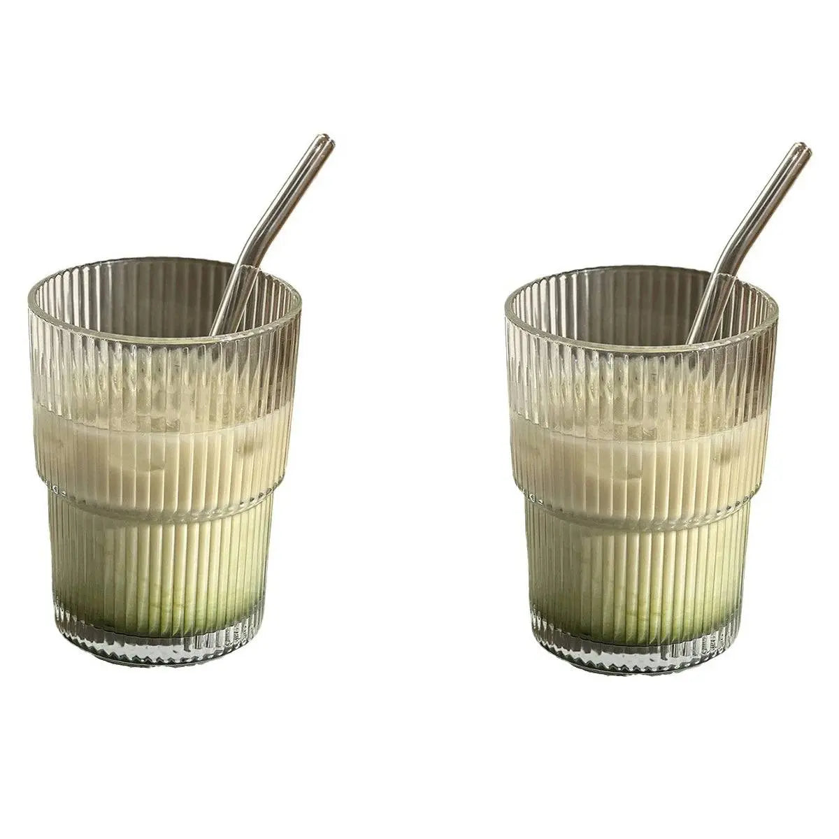 400 ML Stripe Glass Cup | Durable Transparent Design showing two cups with iced matcha drinks and glass straws, ideal for coffee, tea, or juice.
