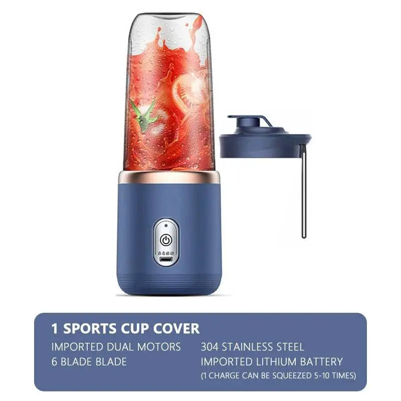 Navy blue Portable Electric Juicer - Fresh Smoothies On-The-Go with stainless steel blades and a sports cup cover for active users.