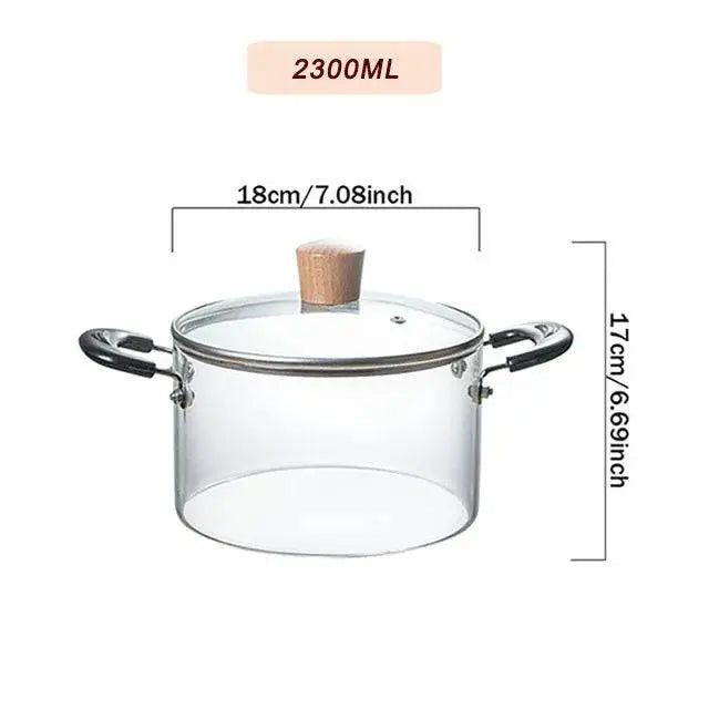 Transparent Glass Soup Pot - Heat-Resistant Cookware 2300ML size with dimensions 18cm x 17cm, perfect for large family meals.