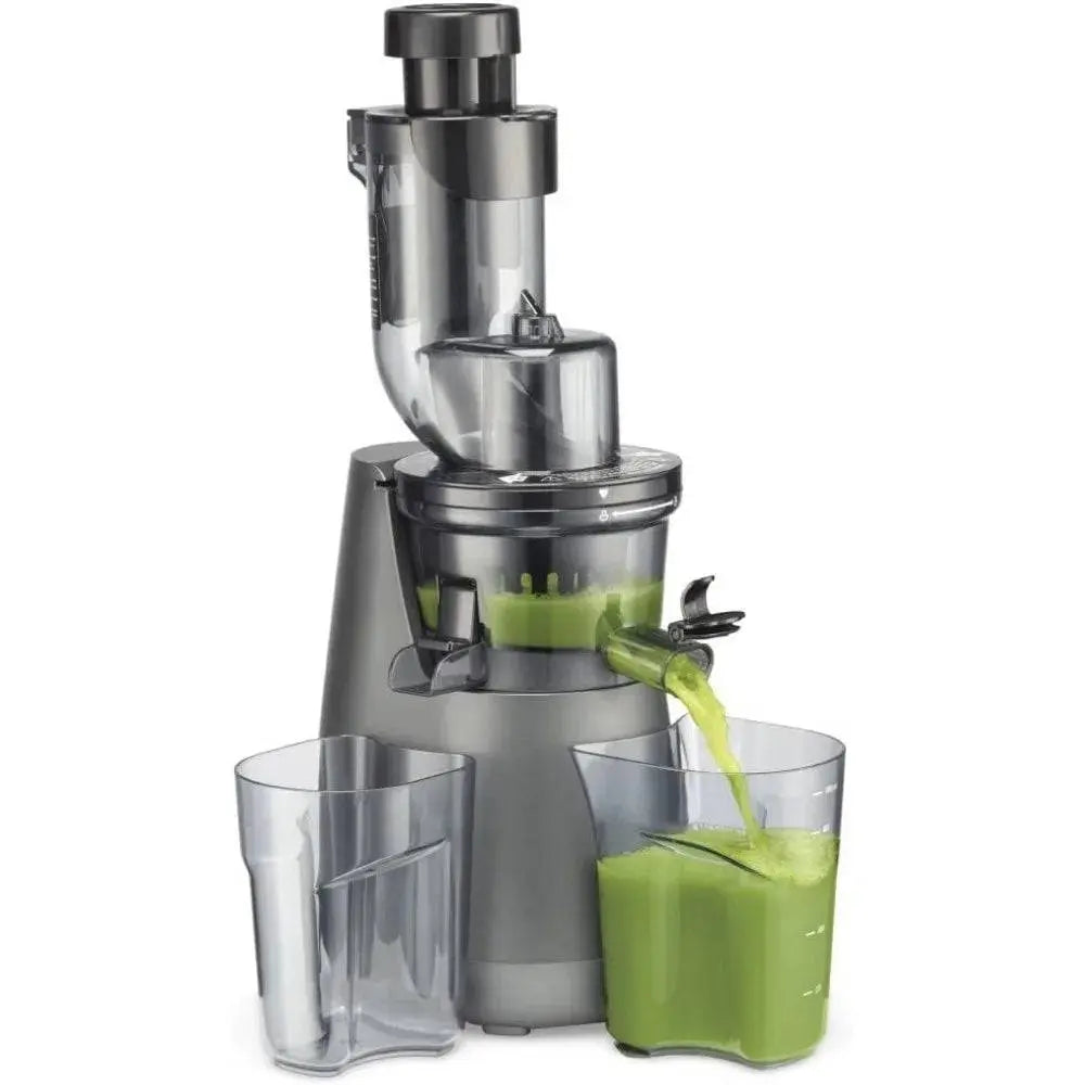 Easy Clean Slow Juicer - Effortless Juicing | Max Nutrition, juicing green vegetables with smooth pouring action, highlighting nutrient retention.