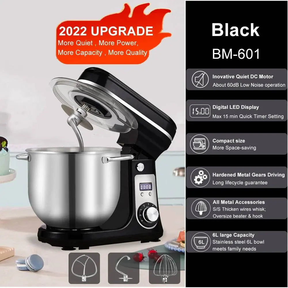 BioloMix Food Stand Mixer - BioloMix Stand Mixer | 1200W, 6-Speed, Quiet Motor in black, showcasing compact design and powerful DC motor.