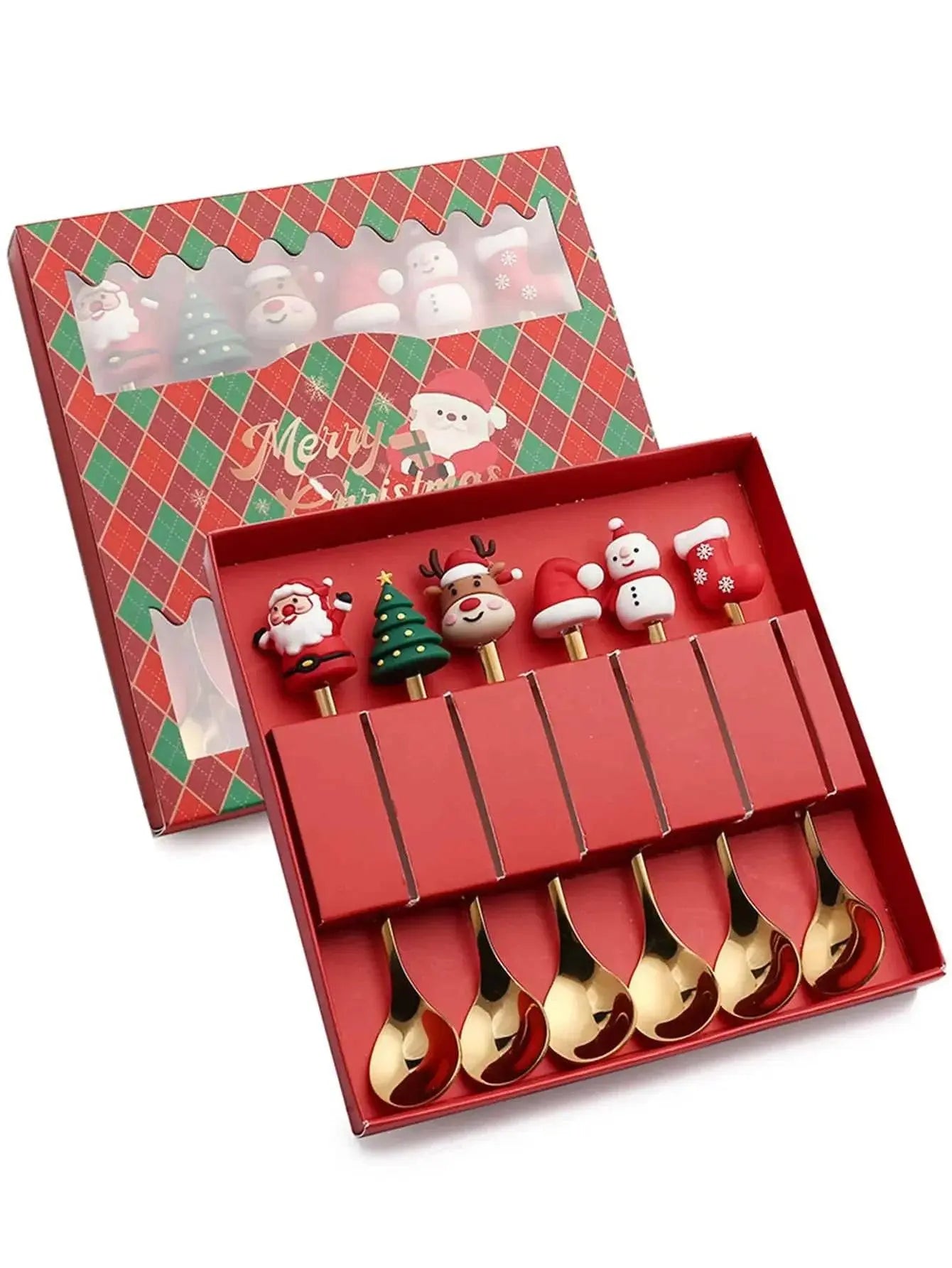Christmas Coffee Spoons Set | Stainless Gift Set featuring gold spoons with festive toppers in a red holiday-themed box.