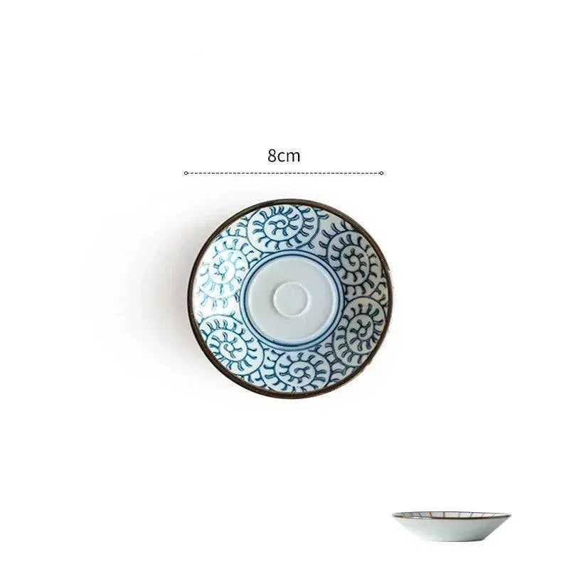 Ceramic Sauce Dish - Japanese Style with intricate blue swirl design, 8cm wide, perfect for serving sauces and elevating dining style.