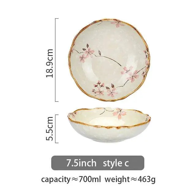 700 ML Flowers Ceramic Bowl style C with delicate pink flowers, 7.5-inch size, perfect for versatile and elegant table settings.