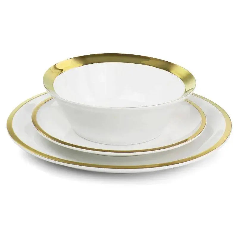 Premier Gold Ceramic Dinnerware Set - Elegant Dining | 12-Piece featuring stacked plates and bowl with elegant gold rims for upscale table settings.