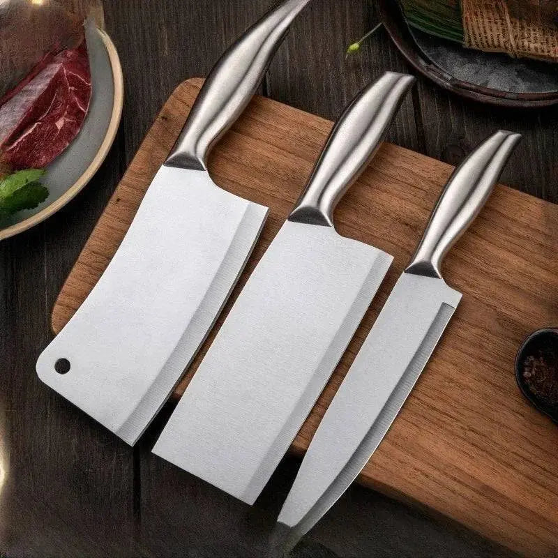 Stainless Steel Kitchen Knives Set - Precision Cutting displayed on a wooden board, showcasing three durable knives with ergonomic handles.