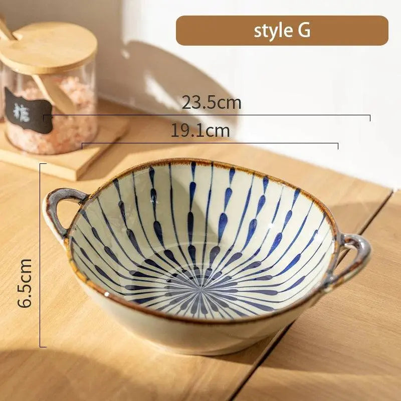 7.5-inch Japanese Noodle Bowl - Ceramic Masterpiece style G, designed with blue radial stripes and precise dimensions for versatile meals.