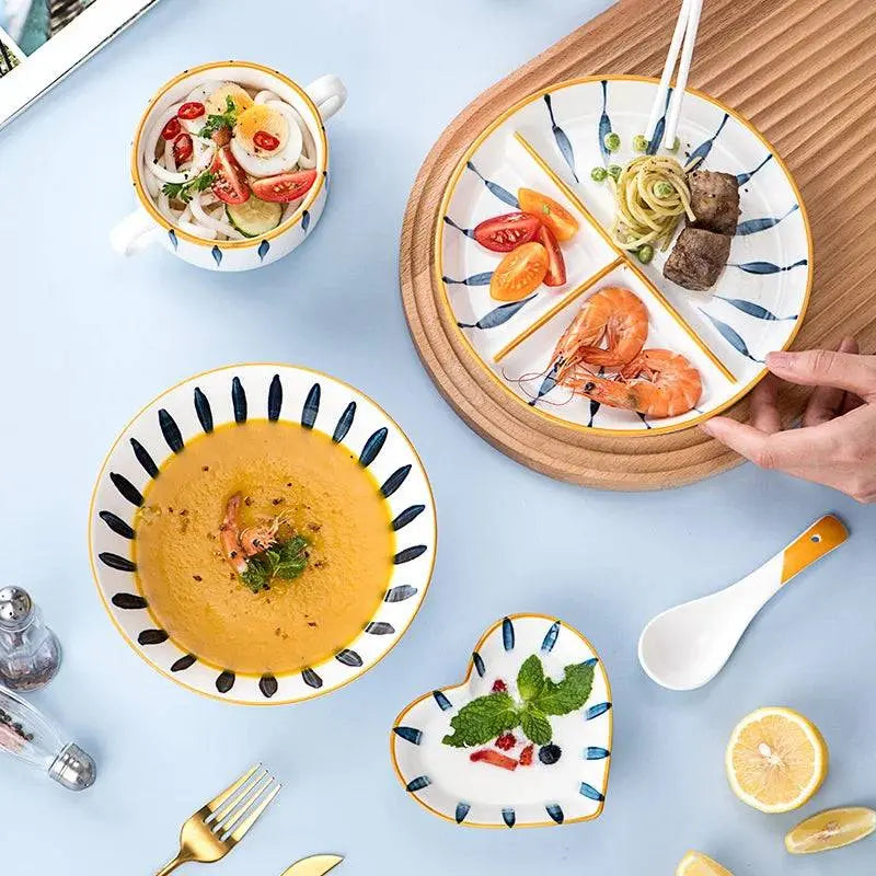 Ceramic Dinner Plate - Japanese Design | Portion Control with blue leaf motifs, perfect for serving balanced meals with a modern aesthetic.