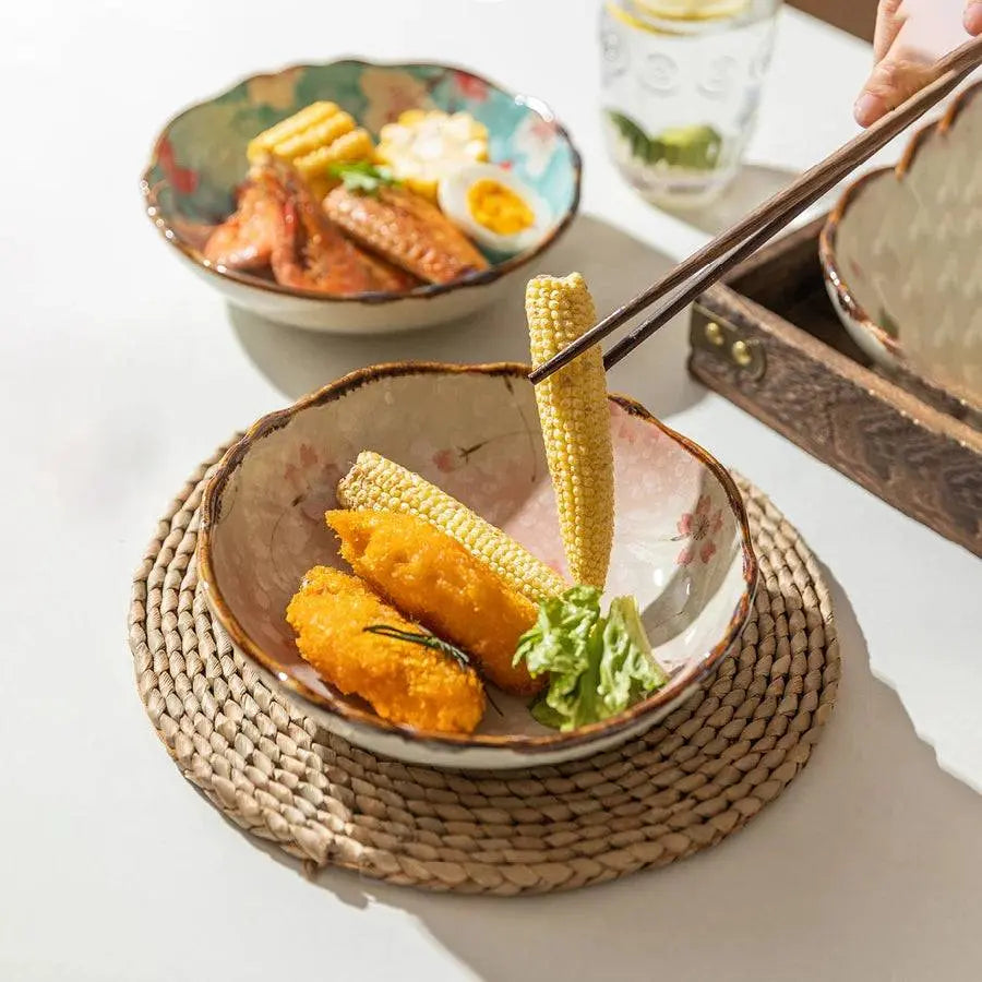700 ML Flowers Ceramic Bowl serving corn and fried food, emphasizing its stylish design and practical use for meals.