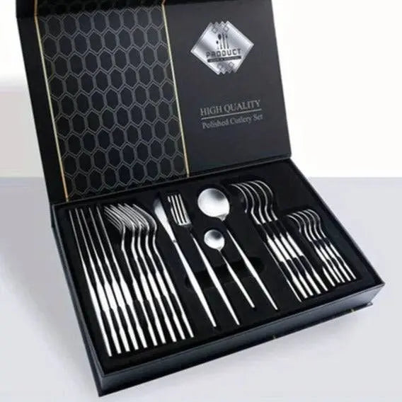 24-piece polished stainless steel cutlery set in a premium black gift box, perfect for holiday gifting and dining.