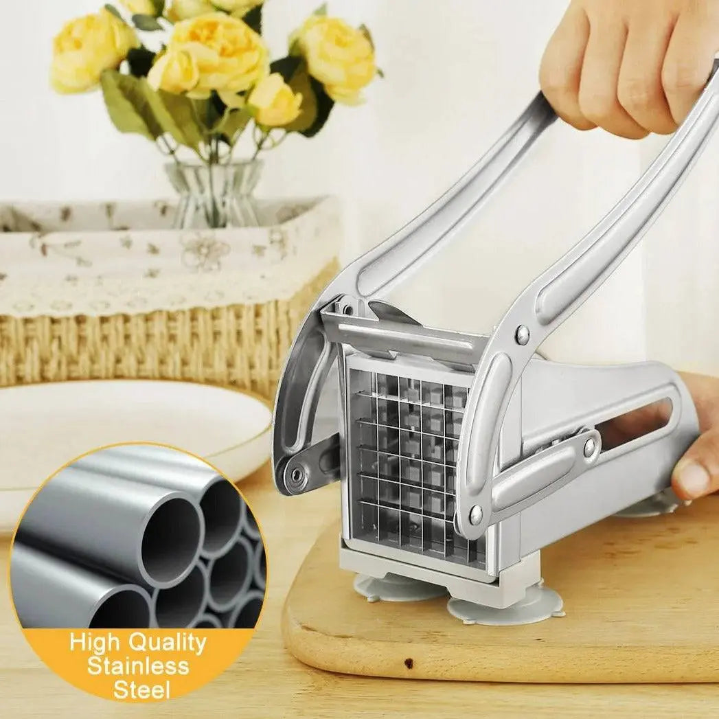 French Fry Cutter - Best Tool for Homemade Fries with high-quality stainless steel design, shown cutting potatoes on a wooden board.